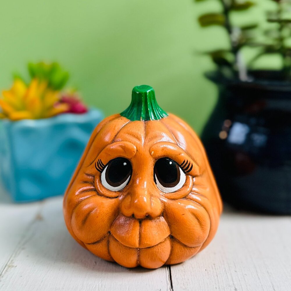 Vintage Ceramic Anthropomorphic Pumpkin Big Eyes Halloween Figurine